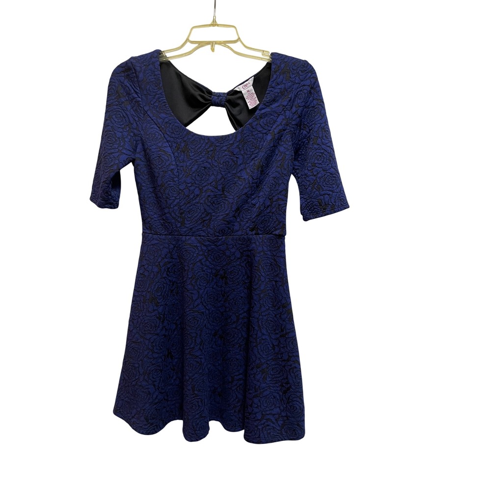Candies Blue Black Rose Floral Jacquard Bow Back Skater Dress Medium